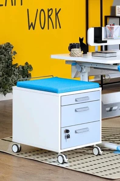 Creo Mobili Çekmeceli Kilitli Tekerlekli Vega Keson, Oturulabilir Ofis ve Ev Komodini, Beyaz/Mavi