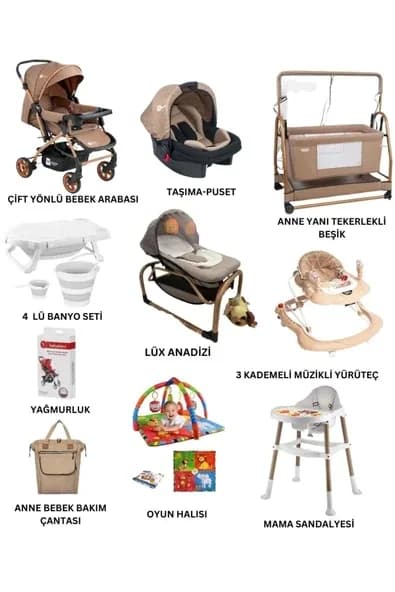 ÖYKÜ BEBEK DUNYASI Enerji Yeni Doğan Bebek Çeyiz Seti Bebek Arabası Anne Yanı Beşik Anakucağı Mama Sandalye (13 Parça)