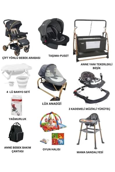 ÖYKÜ BEBEK DUNYASI Enerji Yeni Doğan Bebek Çeyiz Seti Bebek Arabası Anne Yanı Beşik Anakucağı Mama Sandalye(13 Parça )