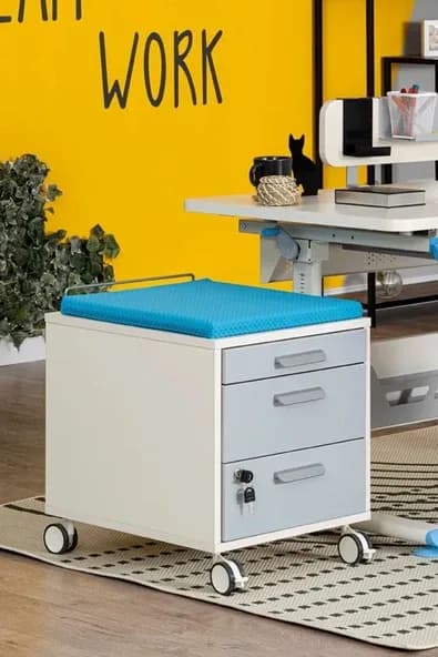 Creo Mobili Çekmeceli Kilitli Tekerlekli Vega Keson, Oturulabilir Ofis ve Ev Komodini, Ekru/Mavi