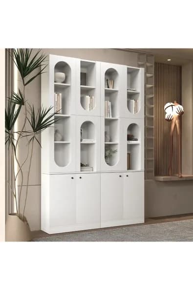 klubeconcept MİHRAP Beyaz Kemer Formlu Kitaplık Ünitesi Vitrin | 140×30×210 cm