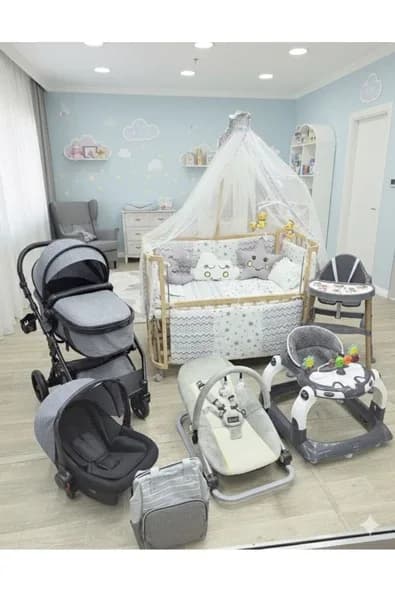 TURHANBEBE Yeni Doğan LOVE GRAND Bebek Çeyiz Seti Bebek Arabası Puset Ahşap Beşik Mama Sandalyesi... Gri