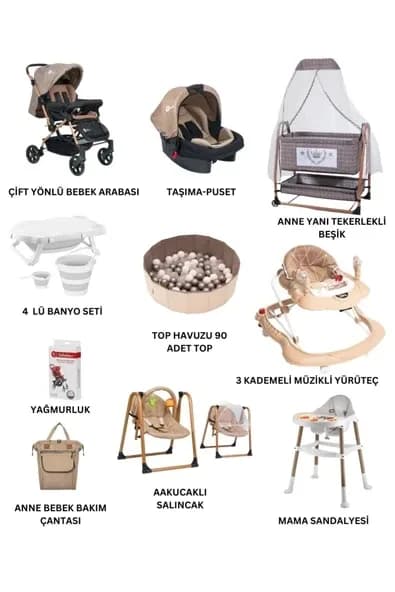 ÖYKÜ BEBEK DUNYASI Unisex King Yeni Doğan Bebek Çeyiz Seti Full Set Bebek Arabası Anne Yanı Beşik Anakucağı (13 Parça)