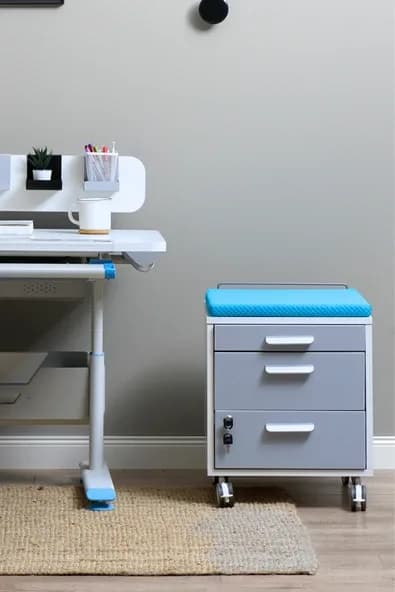 Creo Mobili Çekmeceli Kilitli Tekerlekli Vega Keson, Oturulabilir Ofis ve Ev Komodini, Beyaz/Mavi