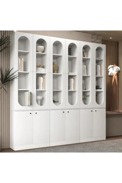 klubeconcept Modern Beyaz Kitaplık %100 MDF Geniş Depolama Alanlı Dekoratif Raf 210X30X210