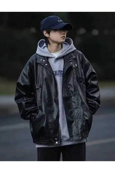 Ultra ovarsize hakiki deri unisex hip hop ceket tarzı mont