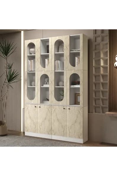klubeconcept MİHRAP Beyaz Kemer Formlu Kitaplık Ünitesi Vitrin | 140×30×210 cm