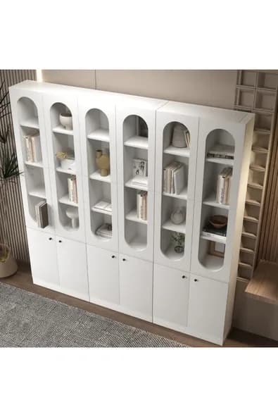 klubeconcept Modern Beyaz Kitaplık %100 MDF Geniş Depolama Alanlı Dekoratif Raf 210X30X210