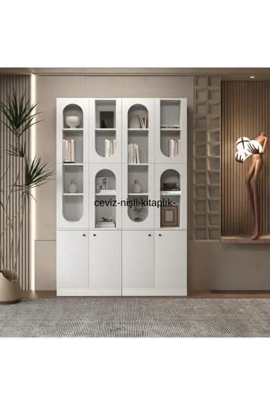klubeconcept MİHRAP Beyaz Kemer Formlu Kitaplık Ünitesi Vitrin | 140×30×210 cm