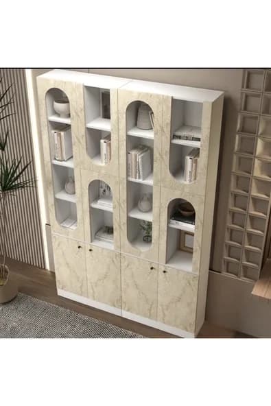 klubeconcept MİHRAP Beyaz Kemer Formlu Kitaplık Ünitesi Vitrin | 140×30×210 cm