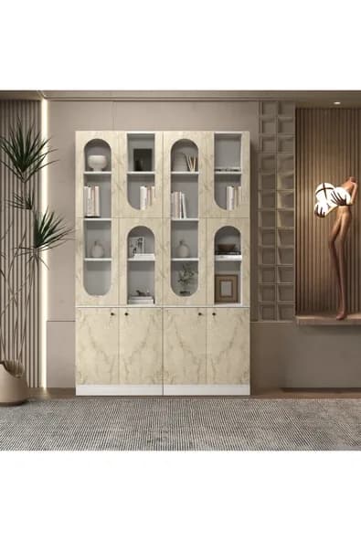 klubeconcept MİHRAP Beyaz Kemer Formlu Kitaplık Ünitesi Vitrin | 140×30×210 cm