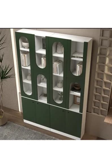 klubeconcept MİHRAP Beyaz Kemer Formlu Kitaplık Ünitesi Vitrin | 140×30×210 cm