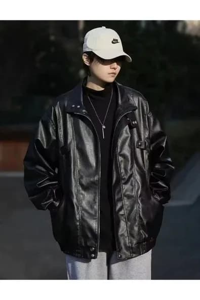 Ultra ovarsize hakiki deri unisex hip hop ceket tarzı mont
