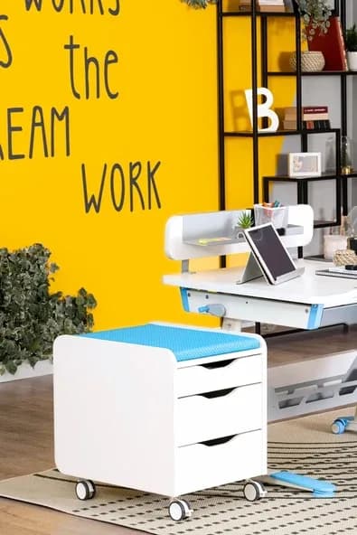 Creo Mobili Çekmeceli Kilitli Tekerlekli Sirius Keson, Oturulabilir Ofis ve Ev Komodini, Beyaz/Mavi