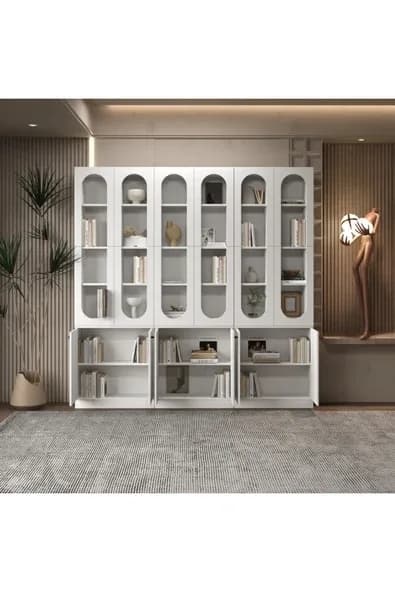 klubeconcept Modern Beyaz Kitaplık %100 MDF Geniş Depolama Alanlı Dekoratif Raf 210X30X210