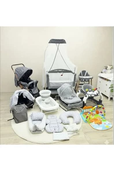 TURHANBEBE 20 Parça Bebek Çeyiz Seti Bebek Arabası Puset Beşik Ana Kucağı Bebek Bakım Çantası 7'Li Tekstil Seti BeyazR