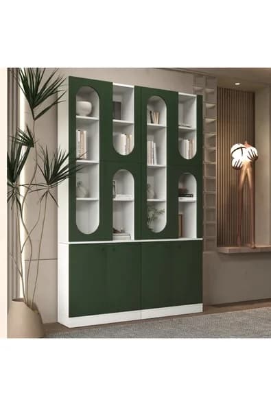 klubeconcept MİHRAP Beyaz Kemer Formlu Kitaplık Ünitesi Vitrin | 140×30×210 cm