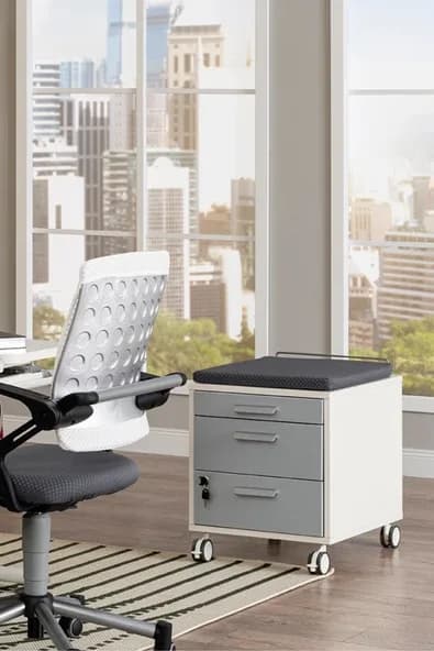 Creo Mobili Çekmeceli Kilitli Tekerlekli Vega Keson, Oturulabilir Ofis ve Ev Komodini, Ekru/Antrasit