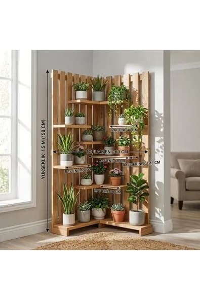 Ev dekka WoodDesign Çok Katlı Ahşap Köşe Çiçeklik Saksılık Ve Dekoratif Raf Modülü 160x150 cm
