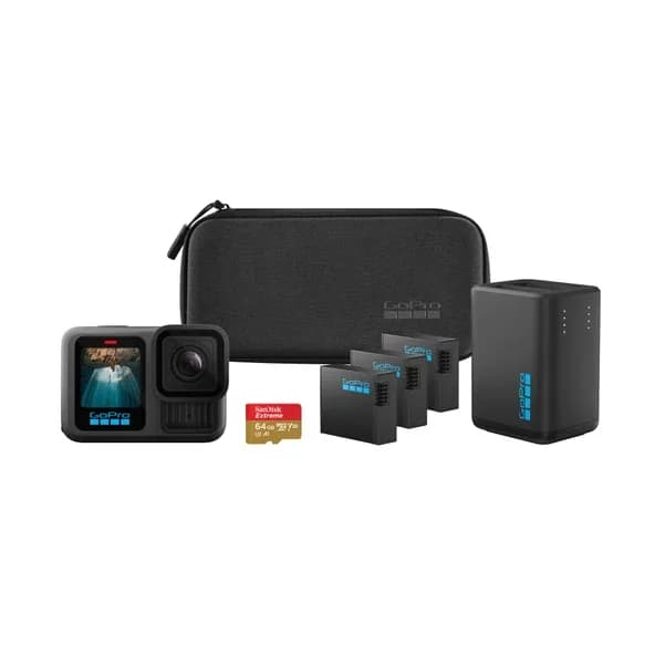 GoPro HERO13 Black Genişletilmiş Güç Paketi - Çift Şarj Cihazı, 3 Enduro Pil, 1 Kavisli Yapışkan Montaj Parçası, 64 GB MicroSD Kart, Montaj Klipsi + Başparmak Vidası, 2 USB-C Kablosu, Kamera Çantası