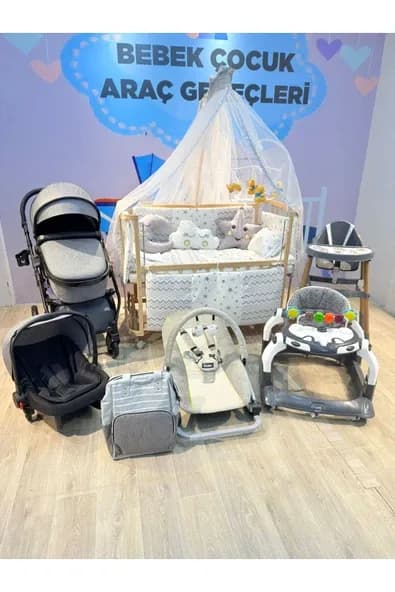 TURHANBEBE 20 Parça Bebek Çeyiz Seti Bebek Arabası Puset Beşik Ana Kucağı Bebek Bakım Çantası 7'Li Tekstil Seti Mor