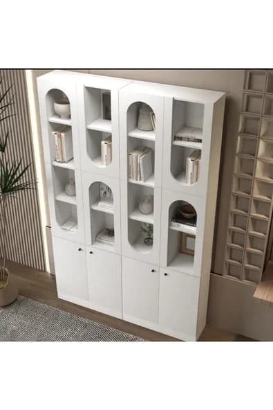 klubeconcept MİHRAP Beyaz Kemer Formlu Kitaplık Ünitesi Vitrin | 140×30×210 cm