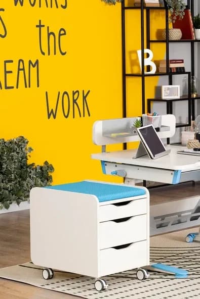 Creo Mobili Çekmeceli Kilitli Tekerlekli Sirius Keson, Oturulabilir Ofis ve Ev Komodini, Ekru/Mavi