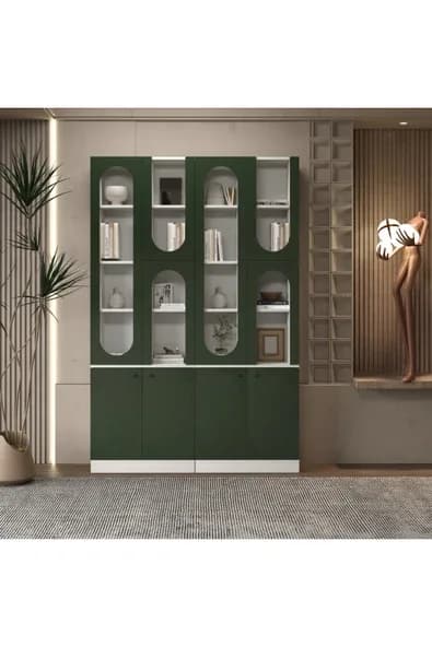 klubeconcept MİHRAP Beyaz Kemer Formlu Kitaplık Ünitesi Vitrin | 140×30×210 cm
