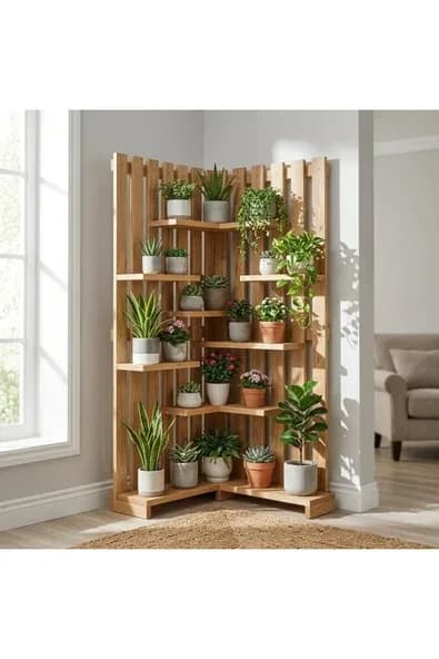 Ev dekka WoodDesign Çok Katlı Ahşap Köşe Çiçeklik Saksılık Ve Dekoratif Raf Modülü 160x150 cm