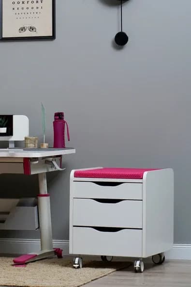 Creo Mobili Çekmeceli Kilitli Tekerlekli Sirius Keson, Oturulabilir Ofis ve Ev Komodini, Ekru/Fuşya