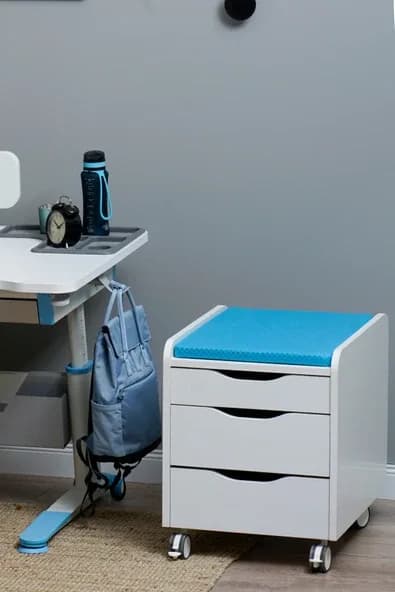 Creo Mobili Çekmeceli Kilitli Tekerlekli Sirius Keson, Oturulabilir Ofis ve Ev Komodini, Ekru/Mavi