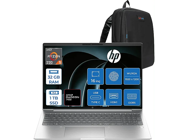HP ProBook 4 G1AH 16 DDR5 WUXGA IPS CV0E7ATF13 AMD Ryzen 5 220 32 GB RAM 1 TB SSD 16 inç FreeDOS Laptop+Çanta Gümüş