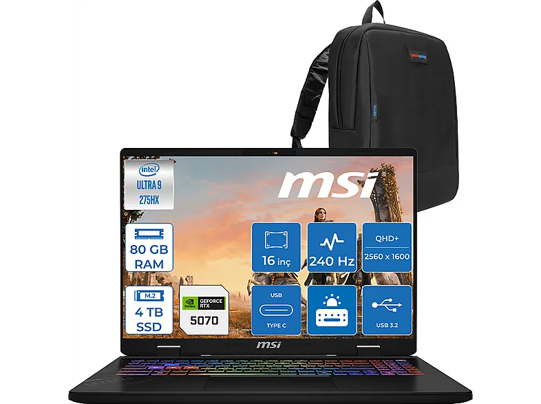 MSI Crosshair 16 8GB RTX5070 115W 16:10 QHD+ 240Hz IPS W047XTRF47 Intel Core Ultra 9 275HX 80 GB RAM 4 TB SSD 16 inç FreeDOS Laptop+Çanta Siyah