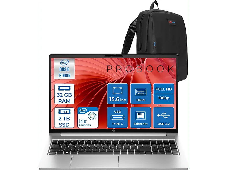 HP ProBook 450 G10 Iris XE IPS 250 Nits H9C8KE8ATF19 Intel Core i5-1334U 32 GB RAM 2 TB SSD 15,6 inç FreeDOS Laptop+Çanta Gümüş